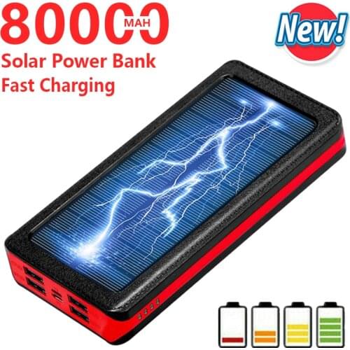 80000mAh Solar Phone Powerbank Portable Fast Charger with LED Light 4 USB Ports External Battery for Xiaomi Iphone Samsung