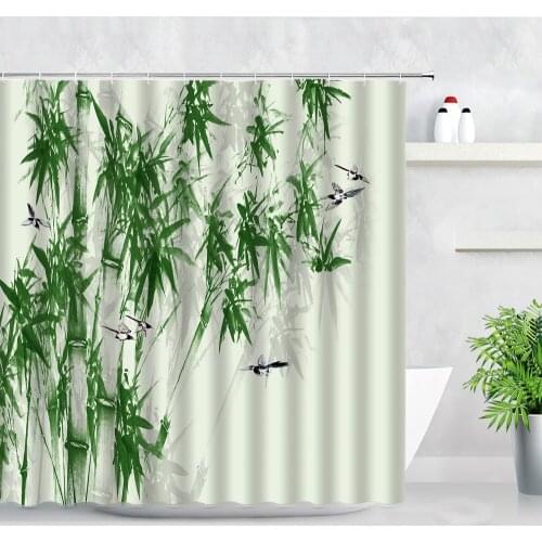 Chinese Style Green Bamboo Birds Ink Painting Scenery Shower Curtains Waterproof Modern Decor Bathtub Screens Bathroom Curtain