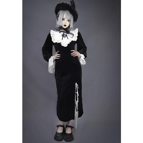 Original design Halloween Gothic dark Black embroidery nun dress velvet slim fitness straight long Lantern Sleeve Vintage Dress