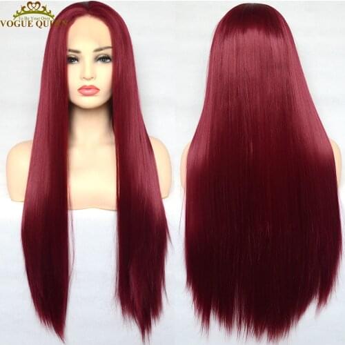Vogue Queen Burgundy Long Straight Synthetic Lace Front Wig Heat Resistant Fiber 22 Inch For Women