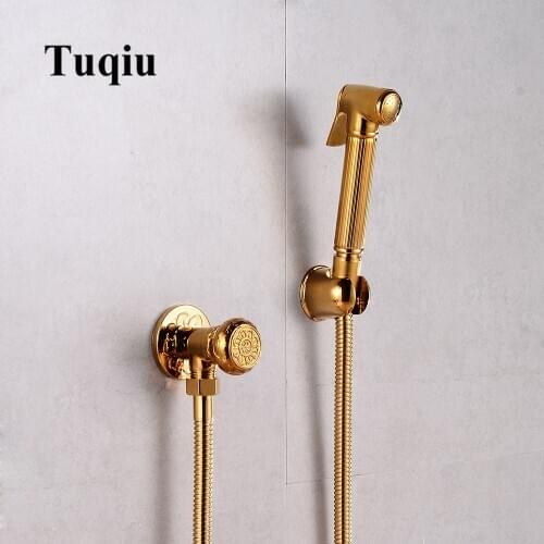Tuqiu Bidet Faucet Hand Held Bidet Sprayer DoucheToilet Kit Gold Brass Shattaf Shower Head Copper Valve Set Jet Bidet Faucet Set
