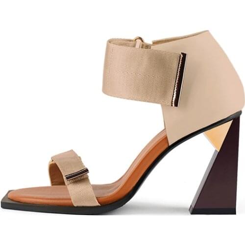 Women strange style velcro leisure 8.5cm high heel handmade daily wear square toe fashion work party sexy sandals HL342 MUYISEXI