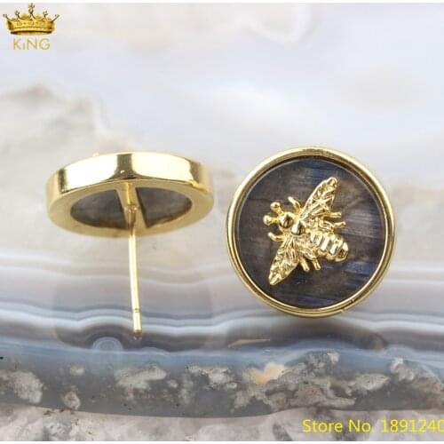 5 Pairs Natural Labradorite Stones Inlay Gold Bees Stud Earrings Jewelry Women Coin Beads Earstud Boho Friendship Earring Gift