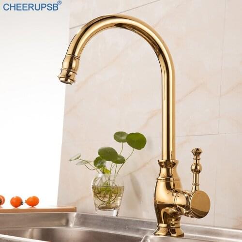 Kitchen Sink Gold Faucet Hot Cold Water Mixer Tap Deck Mounted Copper Crane Rotatable Chrome Sink Faucets with Detachable Nozzle