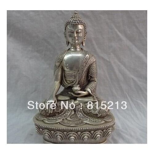 Wang 000107 China Silver Sakyamuni Sculpture Tibetan Dragon Shakyamuni Buddha Bronze Statue