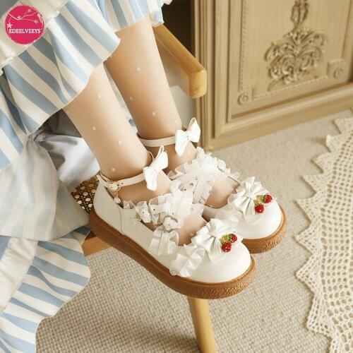 Japanese Cartoon Sweet Girl Flat Shoes Women Platform Lolita Flats Princess Cosplay Kawaii Vintage Lace Bow Strawberry Pendant