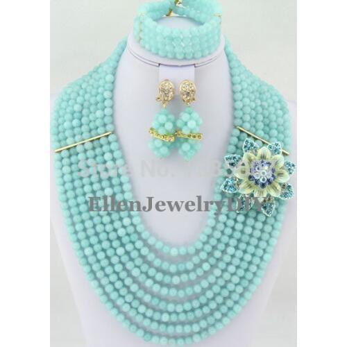 8 Rows Mint Green African Nigerian Wedding hot Beads Jewelry Set hot Necklace Bracelet Earrings Sets JL4140