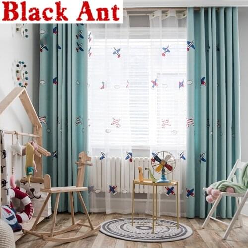 Kids Boys Curtain Airplane Cartoon Embroidery Sheer Fabrics For Window Bedroom Tulle Curtain Blackout Drape M102#30
