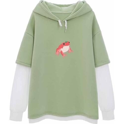 Green Top Aesthetic Graphic Hoodie Pullover Tops Women Oversized Frog Print Cute Clothes Korean Green Long Sleeve Top Women