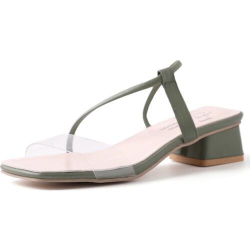 Women Shoes 2019 Summer Square Heel Womans Slippers Narrow Band Slides Outdoor solid Ladies slipper