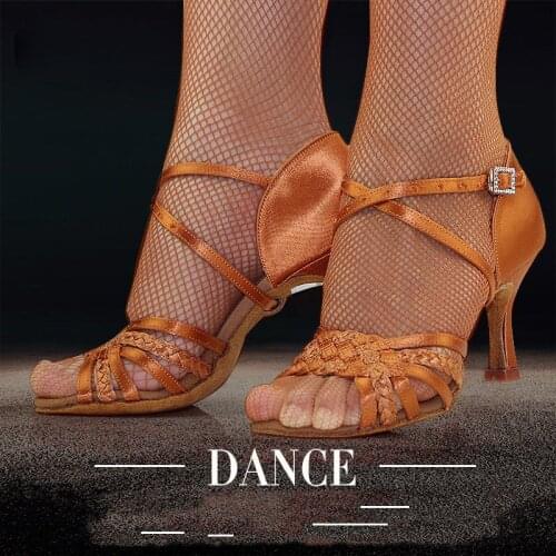 Women Dance Shoes BD Latin Ballroom Professional Dancing Shoes 2inch 7cm 7.5cm meduim heel Tan Satin Salsa Bachata Dance Shoes