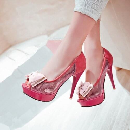 YMECHIC 2018 Summer Lady Peep Toe Mesh Platform Thin High Heels Party Shoes Woman Pink Black Bowtie High Heel Pumps Plus Size