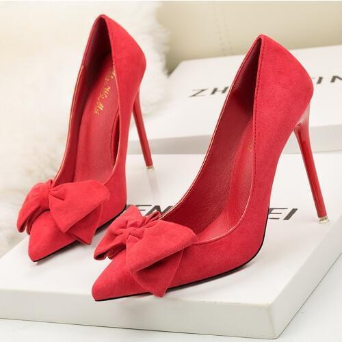 New Fashion Sweet Stiletto Super High Heel Shallow Mouth Pointed Toe 11cm Sexy Suede Bow Womens Shoes