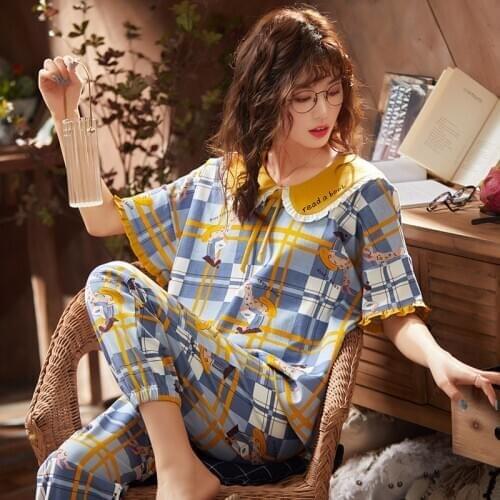 Womens Summer Pure Cotton Thin Short Sleeve Lovely Princess Wind Fairy Household Set