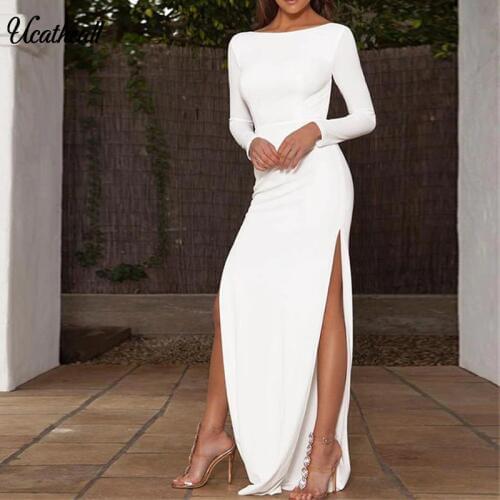 Split Women Dress Brief Style Design Women Stretch Long Maxi Party Dresses Sexy Open Back Solid Long Sleeve Slim Gown Dress