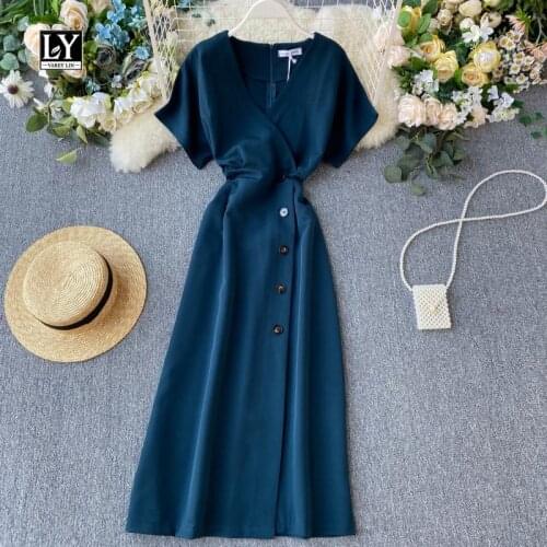LY VAREY LIN New Summer Elegant V Neck Slim Single Breasted Dress Casual Solid Color A Line Short Sleeve Vintage Dress