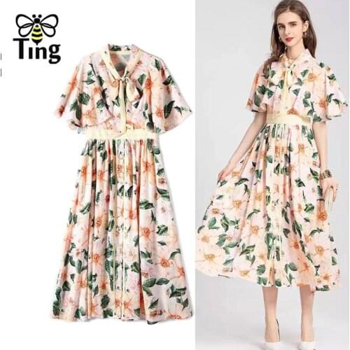 Tingfly Runway Floral Printing Summer Ruffles Sleeve Bowknot Collar Midi Long Dress Women Vacation Chic A Line Vestido Plus Size
