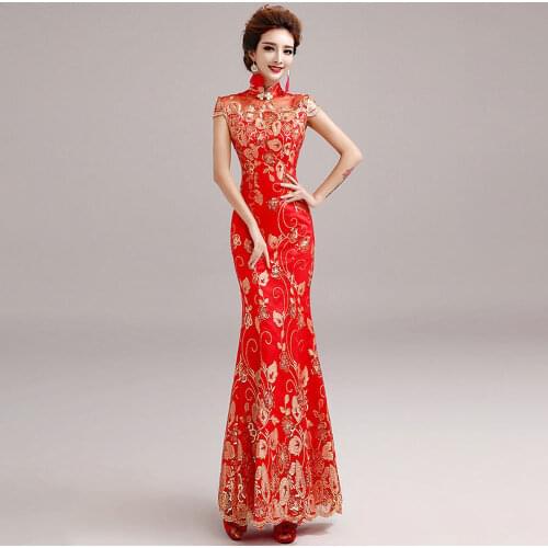 Female Long Short Sleeve Cheongsam Gold Sequin and Embroidery Chinese Traditional Dress Women Qipao Red Chinese Wedding Dress