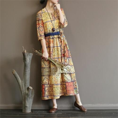 Women Retro Print Loose Half Sleeve Ramie Dress Ladies Printing Waisted Loose Vintage Dress Female Dress 2018 Summer
