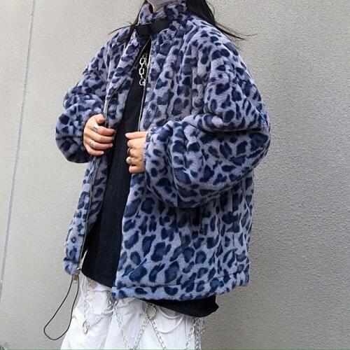 Lamb Wool Coat Women Winter Blue Leopard Faux Fur Coat Padded Jacket Korean New Loose Plus Velvet Street Coat