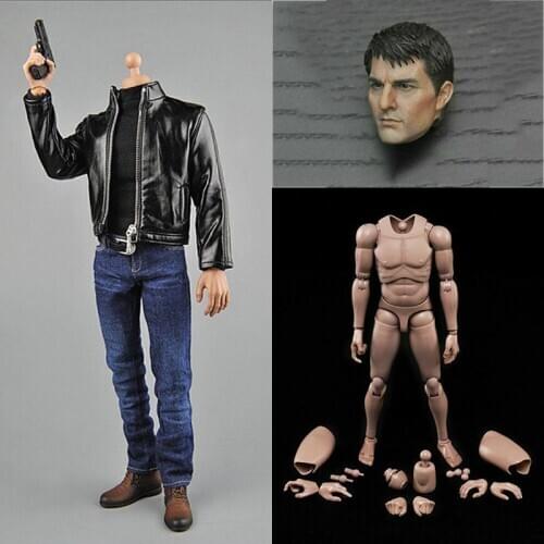 1/6 Tom Cruise Head Sculpt William Cage Head Carved Agent Leather Suit Clothes Accessory Fit Male Muscle Action Figure Body