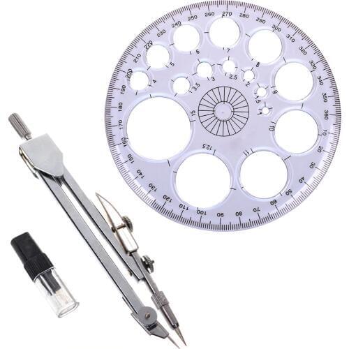 1pcs 360 Degree Protractor Circle Master Template +1pc Student Drafting Compass Geometry Drawing Tools with Pencil Lead Refills