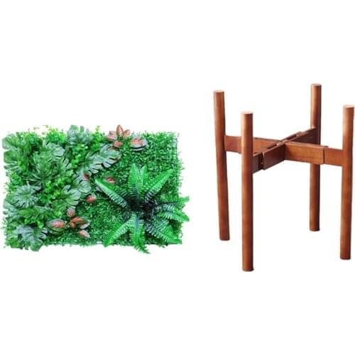 1 Pcs Artificial Green Plant Mats Hedges,Greenery Wall Backdrop & 1 Pcs 8 To 12 Inch Bamboo Wood Flower Stand