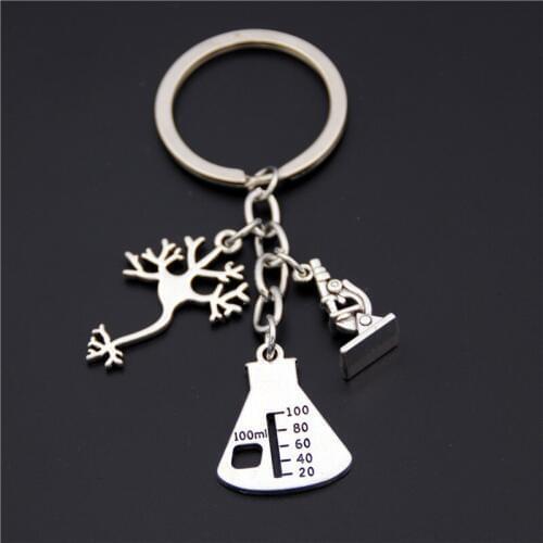 1pc Silver Color Microscopes Dortor Charms Pendant Neuron Key Chains Anatomy Key Ring Neurology Jewelry Biology gift