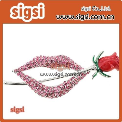 100pcs 55mm Rhinestone Pink Lip with Hot Red Rose Brooch, Rhinestone Rose Brooch