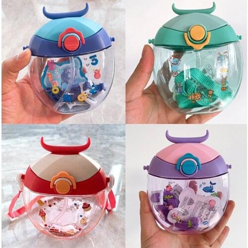 4 Colors Cute Cartoon Donut Plastic Kettle with Rope Portable Pupils Cup Cute Flat Round Kindergarten Drinking Straw Cup