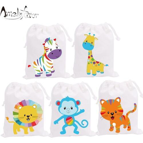Safari Rainbow Animals Theme Party Favor Bags Candy Bags Vacation Birthday Gift Bags Animal Party Decorations Supplies 5PCS