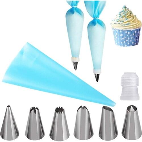 8 PCS/Set Silicone Kitchen Accessories Icing Piping Cream Pastry Bag + 6 Stainless Steel Nozzle Set DIY Cake Decorating Tips Set