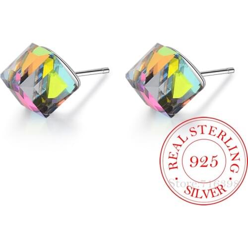 925 Sterling Silver Colorful Crystal Square Stud Earrings For Women Kids Wedding Jewelry Female pendientes mujer moda
