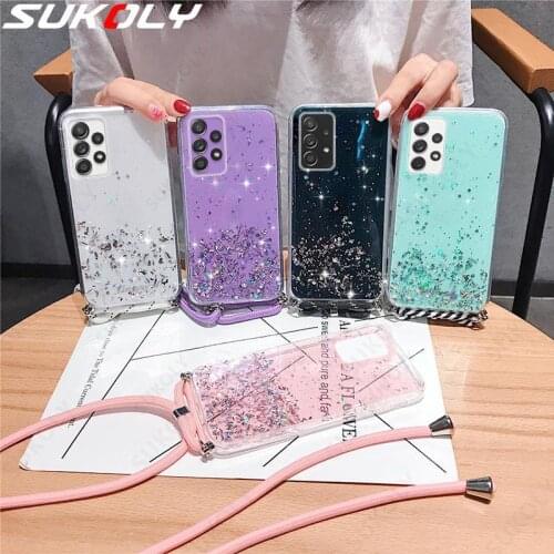 Glitter Sequins Star Lanyard Rope Case For Samsung Galaxy A52 A72 A32 A12 A22 A82 5G A51 A71 S21 Ultra S20 FE Clear Strap Cover
