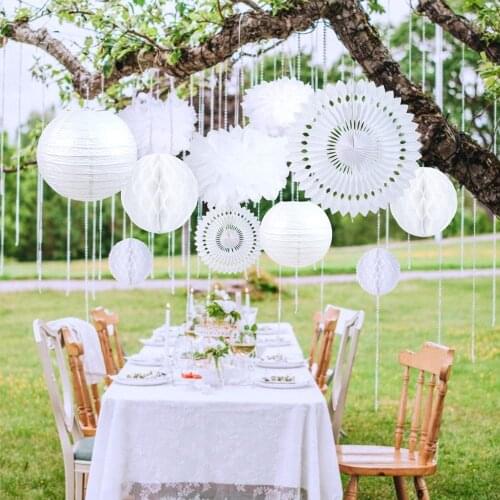 Elegant White Wedding Decoration Set 12pcs Paper Fans Lanterns Honeycomb Balls Pom Pom Flower Events Wedding Marriage Decoration