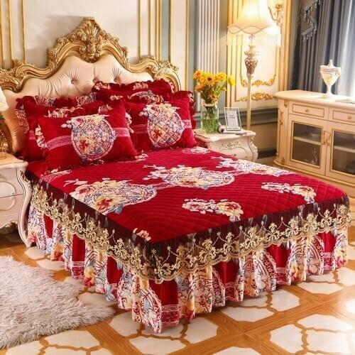 European Printed Lace Plush Velvet Bed Cover Double Bed Soft King Queen Size 3pcs Bedskirt Thicken Quilted Bedspread Fitted