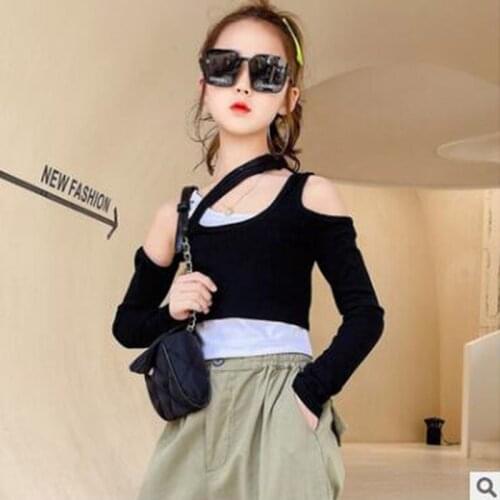 Summer Girls T-shirt 2021 Spring New Middle Big Children High Street Fake Two-piece Umbilical Bottoming Shirt Top