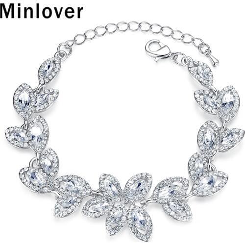 Minlover Silver Color Fashion Bracelet Female Leaf Shape Charm Crystal Bracelet Bridal Engagement Pulseras Wedding Jewelry SL046