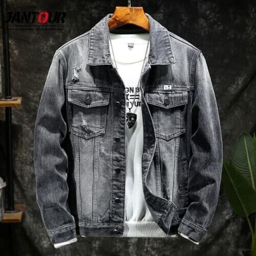 Brand New Mens Clothing Autumn Winter Jacket Men Fashion Letter Embroidery Turn-Down Collar Streetwear Dark Gray Denim Jacket