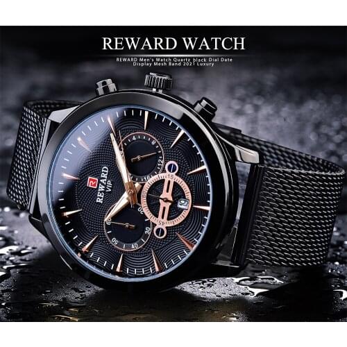 2021 Black Mens Watches for Business REWARD Chronograph Quartz Watch Male Waterproof Clock with Gift Box Relogio Masculino