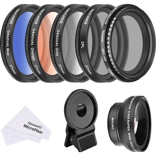Neewer 37 MM Cell Phone Lens Accessory Kit:0.45X Wide Angle Lens+Lens Clip+Graduated Color Filters+CPL Filter+ND2-400 Filter
