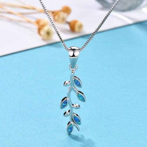 Cute Plant Tree Leaf Pendant Blue White Fire Opal Necklaces For Women Silver Color Dainty Womens Wedding Party Choker Jewelry