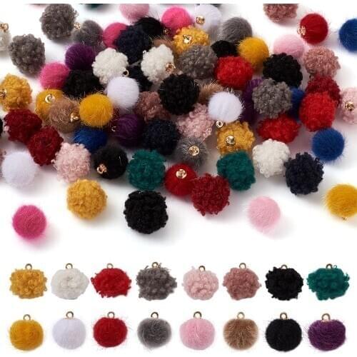 Pandahall 1 Set Fabric Fur Pompom Charms Cloth Covered Round Ball Bead Pendants Mixed Color for Keychain Earring Jewelry Making