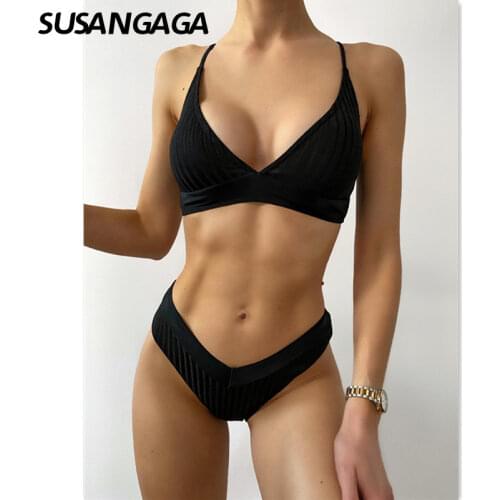 Sexy Bikini High Waist Swimwear Womens Swimsuit Push Up Biquini Ribbed Bathing Suits Black V-Neck Bikini Set 2021 New Beachwear