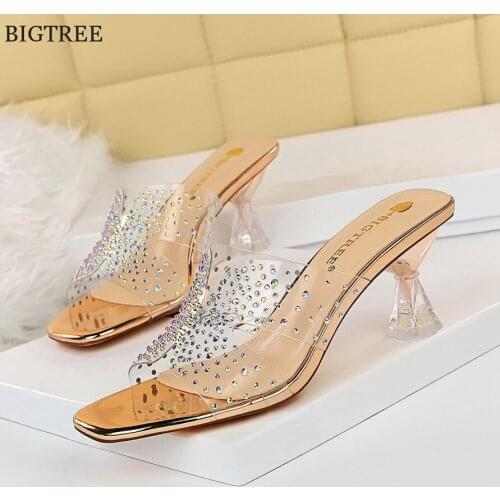 Metal Crystal Heels Hollow Women Slippers 2021 Korean Sexy Open Toe Rhinestone Transparent PVC Wedding Jelly Shoes Woman Sandals