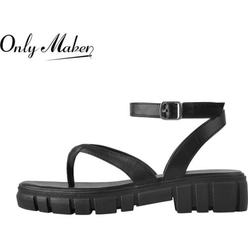 Onlymaker Womens Summer Sandals Matte Black Ankle Buckle Flats Flip Flops Platform Comfortable Large Size Casual