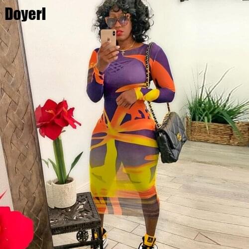 Sexy Sheer See Through Mesh Dress Women Fall Floral Print Bodycon Midi Dress Long Sleeve Elegant Night Club Party Dress Vestidos