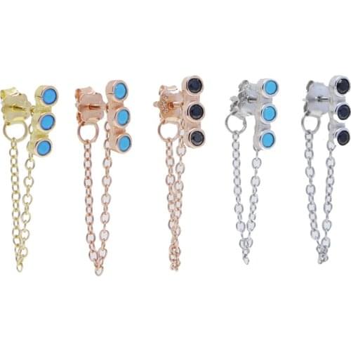 925 Sterling Silver Tassel Ear Stud Fashion Retro Long Chain Metal Drop Cute Bar CZ Stone Blue Black Earrings Women Jewelry