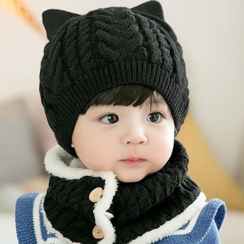 2Pcs/Set Baby Hat With Scarf Korean Version Knitting Hat Scarf Childrens Bib Cap Cat Ears and Velvet Thicken Warm Hat For Kids