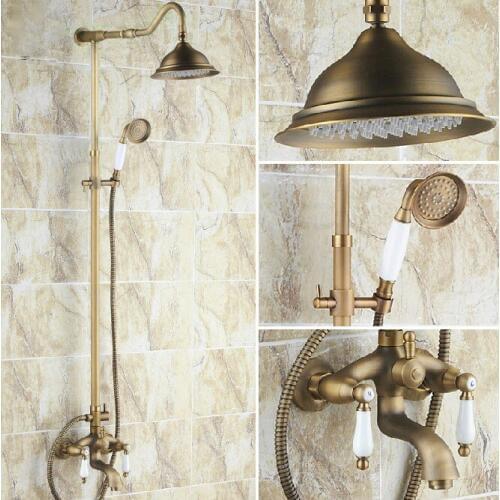Vintage Antique Brass Dual Ceramic Handles Bathroom 8.2 Inch Round Rain Shower Faucet Set Bath Tub Mixer Taps Hand Shower mrs242